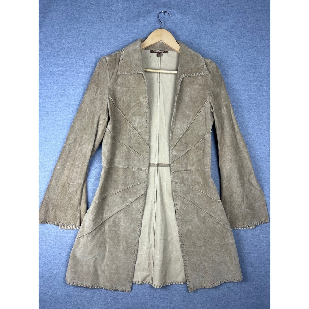 Arden B Womens Tan Suede Leather Whipstitch Longline Jacket Bell Sleeve Medium
